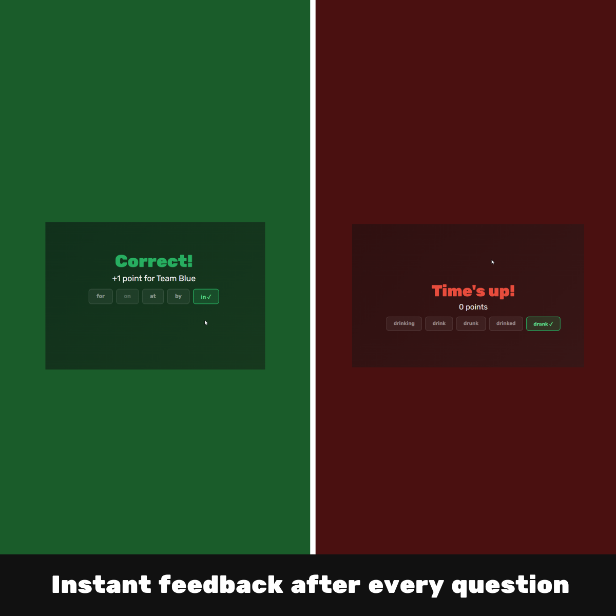Gap Attack correct and time's up feedback screens